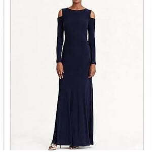 Ralph Lauren Sz 12 Evening Dress Long Sleeve Cold Shoulder Maxi Navy Blue Ruched